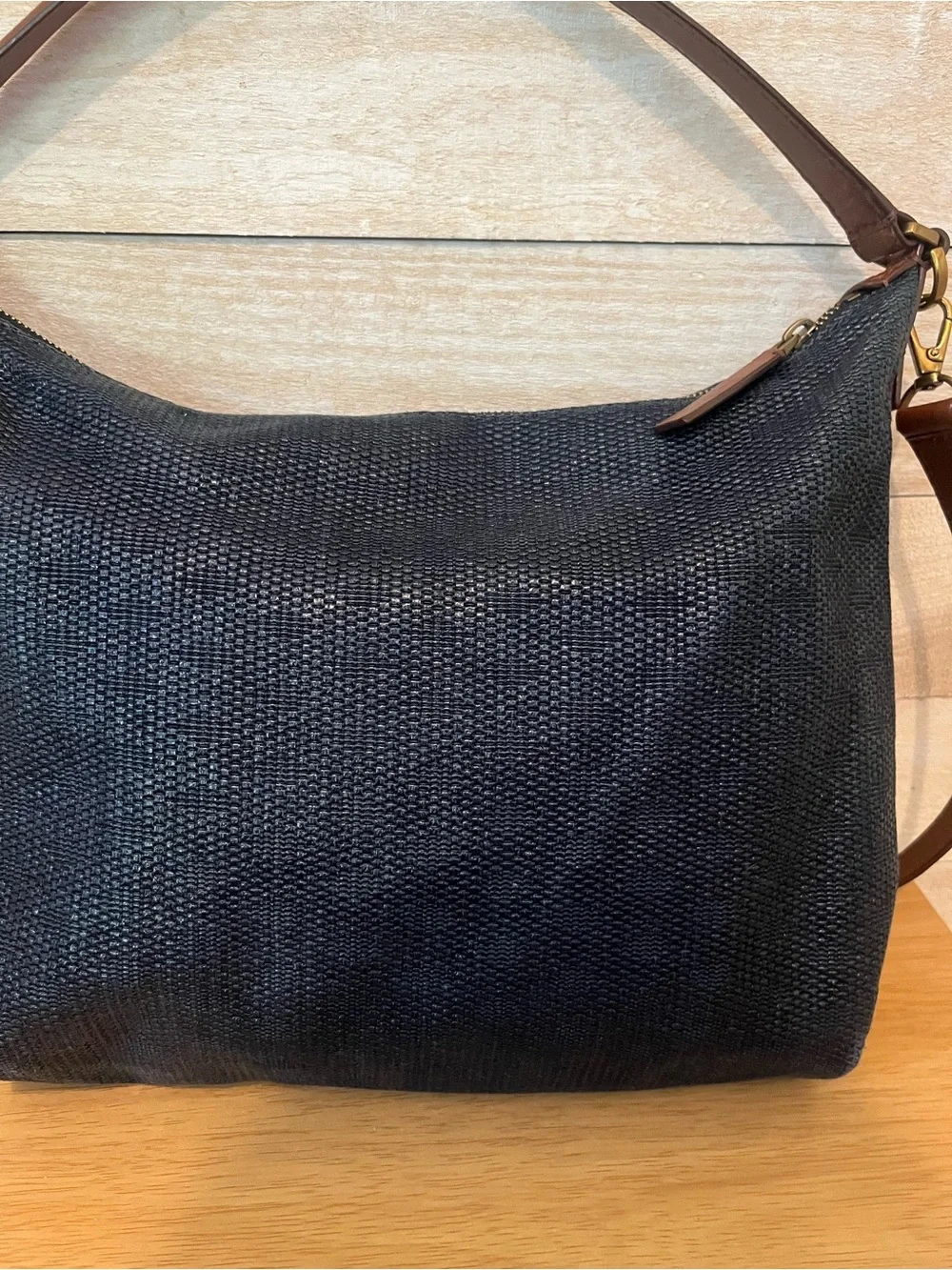 Fossil Woven Navy Hobo Shoulder Bag with Brown Leather Trim
